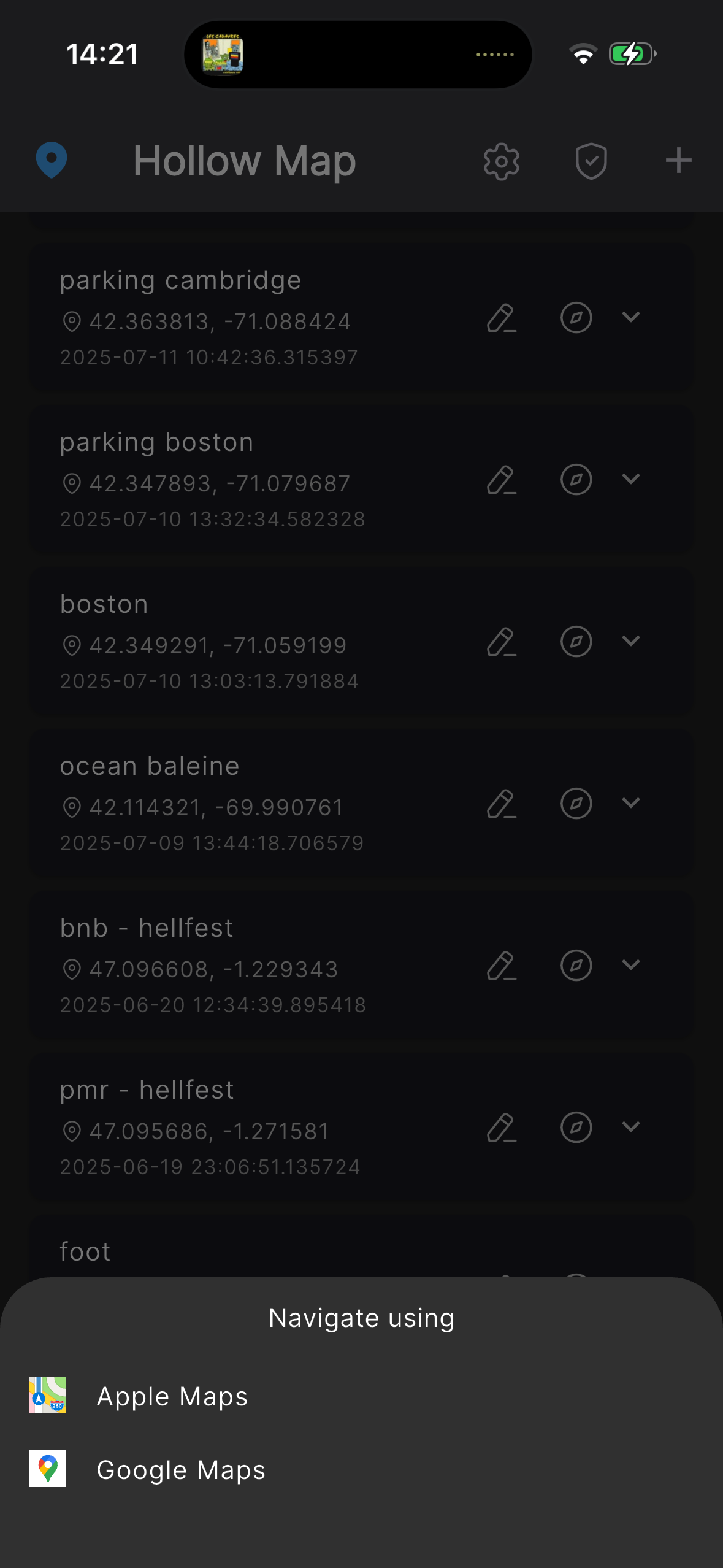 Saved locations list view